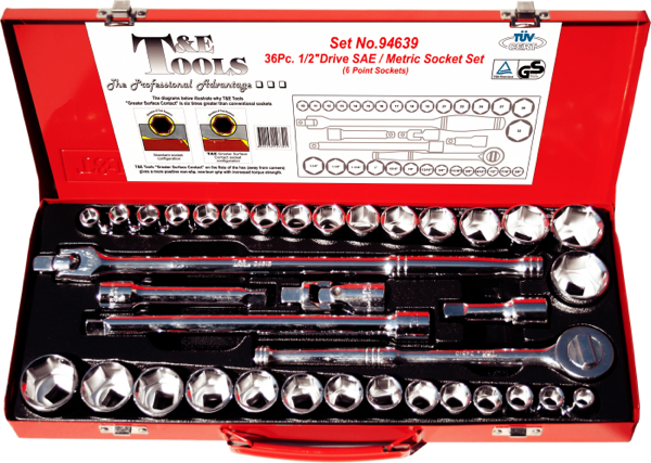 36 Piece 1/2" Drive SAE & Metric Socket Set (6 Point) T&E Tools 94639