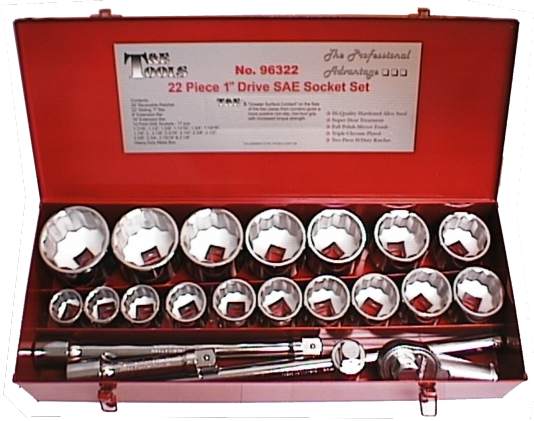 22 Piece 1" Drive SAE Socket Set (12 Point) T&E Tools 96322