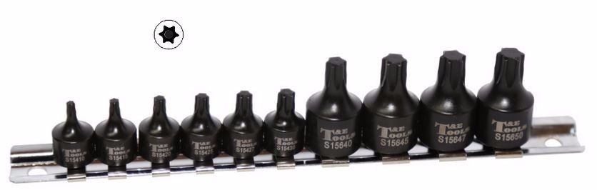 10Piece. 1/4" & 3/8"Dr. Stubby Tamper Torx-r Impact Sockets T10 - T50 T&E Tools S93810